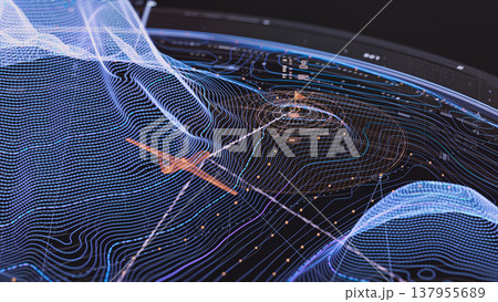 Digital aviation interface showing 3D terrain grid, aircraft marker, and navigation paths, Digital aviation interface showing 3D terrain grid, aircraft marker, and navigation paths, 137955689
