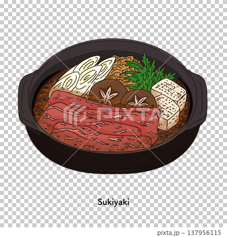 すき焼き鍋のイラスト 牛肉と野菜の和食料理｜すき焼き 牛肉 豆腐 長ねぎ しいたけ 137956115