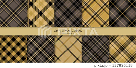 シームレスなタータンチェックパターンセット　黒とゴールドのクリスマスチェック柄のセット 137956119