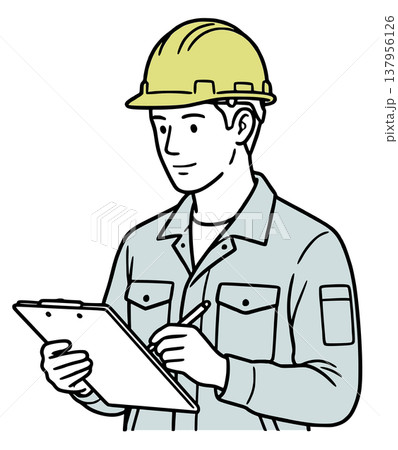 バインダーに記入する作業員のイラスト：点検と安全確認（シンプルな線画・ベクター） 137956126