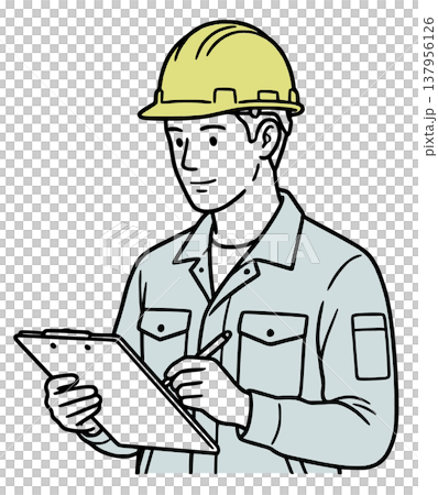 バインダーに記入する作業員のイラスト：点検と安全確認（シンプルな線画・ベクター） 137956126