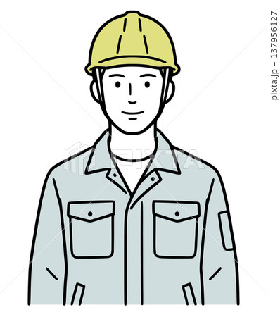 ヘルメットを被った作業員のイラスト：建設業と工場のスタッフ（シンプルな線画・ベクター） 137956127