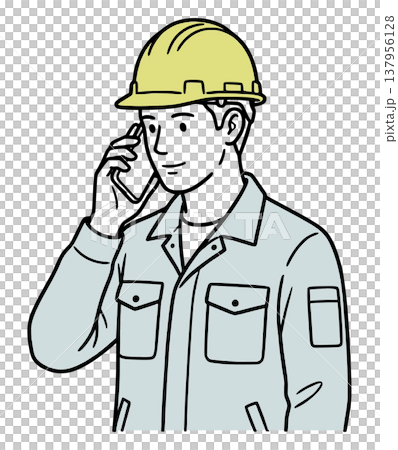 スマートフォンで通話する作業員のイラスト：現場の報告と連絡（シンプルな線画・ベクター） 137956128