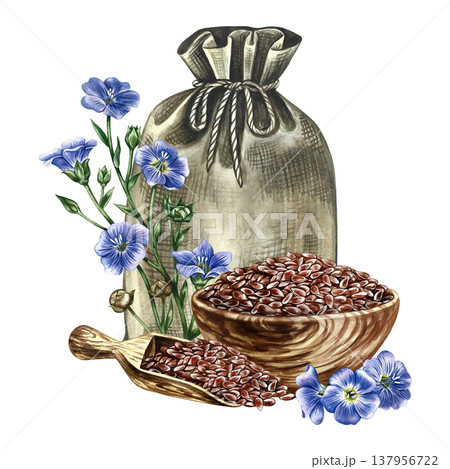 Flaxseed in a burlap bag, wooden scoop and cup, and blue flax flowers. Hand-drawn watercolor illustration. Element of label and packaging design, as well as banners, posters, and more 137956722