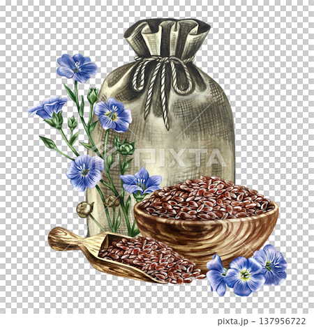 Flaxseed in a burlap bag, wooden scoop and cup, and blue flax flowers. Hand-drawn watercolor illustration. Element of label and packaging design, as well as banners, posters, and more 137956722