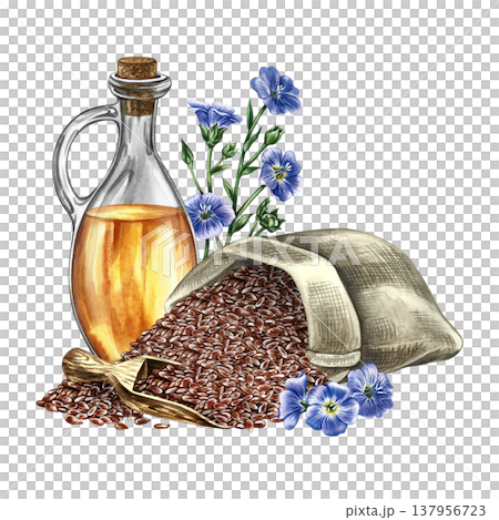 Flaxseed oil. Hand-drawn watercolor illustration. Flaxseed in burlap, wooden scoop, blue flax flowers, and a glass bottle of oil. Element of label design, packaging, banners, posters, and more. 137956723