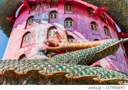 Giant Dragon Coiled Around Pink Tower, Wat Sam Phran or Dragon temple Nakhon Pathom, Thailand 137956843