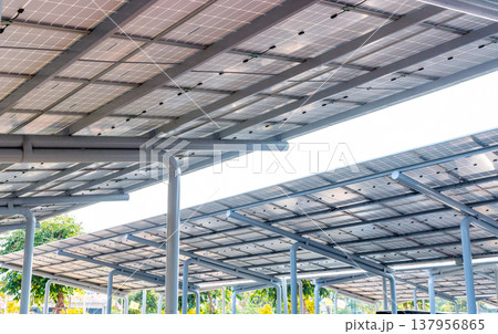 Aerial view of solar panels installed as shade canopy over parking lot with parked cars to generate electricity, photovoltaic technology. 137956865