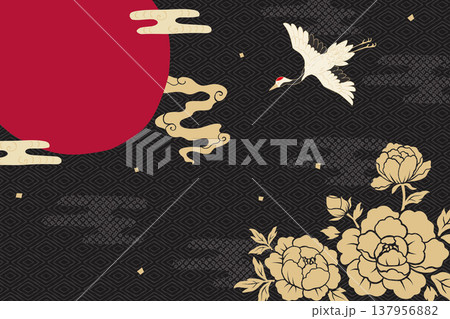 和風背景　鶴　太陽　牡丹 137956882