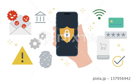 手に持ったスマートフォンでサイバーセキュリティアイコンセット 線幅可変　 137956942