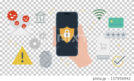 手に持ったスマートフォンでサイバーセキュリティアイコンセット 線幅可変　 137956942