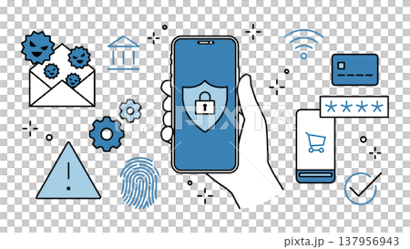 網路安全圖示集，線條粗細可調，顯示在手持的智慧型手機上。 137956943