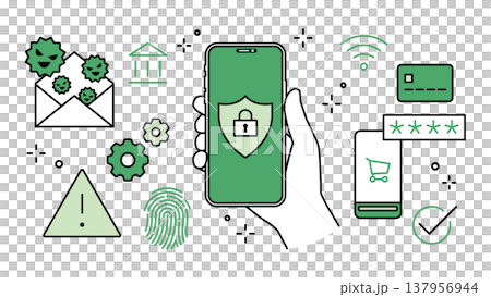 Cybersecurity icon set with adjustable line width, displayed on a smartphone held in the hand. Cybersecurity icon set with adjustable line width, displayed on a smartphone held in the hand. 137956944