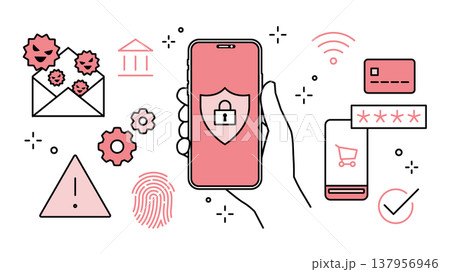 手に持ったスマートフォンでサイバーセキュリティアイコンセット 線幅可変　 137956946