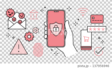 手に持ったスマートフォンでサイバーセキュリティアイコンセット 線幅可変　 137956946