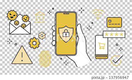 手に持ったスマートフォンでサイバーセキュリティアイコンセット 線幅可変 手に持ったスマートフォンでサイバーセキュリティアイコンセット 線幅可変 137956947