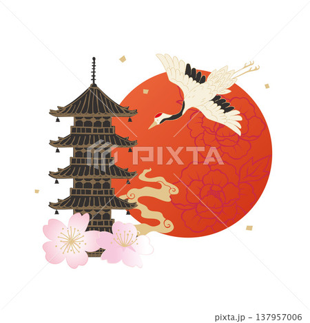 鶴と五重塔　和風デザイン素材 137957006