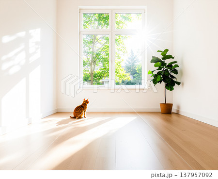 自然光の明るい室内と窓辺の猫 静かな住空間 137957092