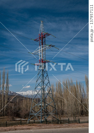 Power Tower Against Scenic Mountain Landscape Power Tower Against Scenic Mountain Landscape 137957111