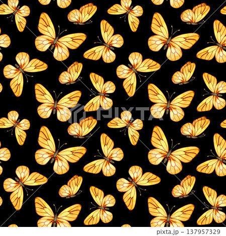 Seamless pattern featuring delicate yellow butterflies on a white background. This light and airy design is perfect for spring-themed textiles, wallpaper, and wrapping paper. Seamless pattern featuring delicate yellow butterflies on a white background. This light and airy design is perfect for spring-themed textiles, wallpaper, and wrapping paper. 137957329