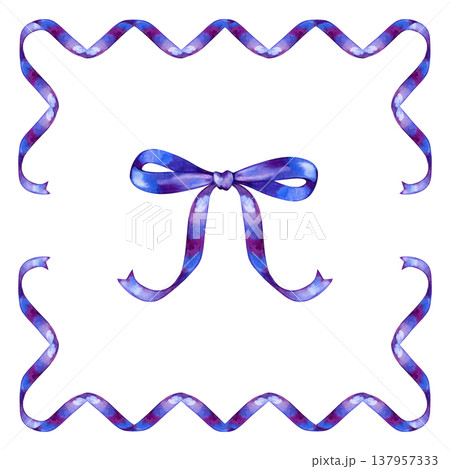 Elegant watercolor frame made of a flowing purple and blue ribbon with a beautiful bow. Artistic border element, perfect for wedding invitations, greeting cards, and luxury branding Elegant watercolor frame made of a flowing purple and blue ribbon with a beautiful bow. Artistic border element, perfect for wedding invitations, greeting cards, and luxury branding 137957333