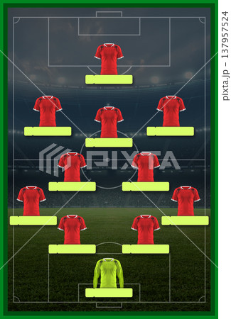 Soccer formation lineup infographic with red jerseys and player name tags, Soccer formation lineup infographic with red jerseys and player name tags, 137957524