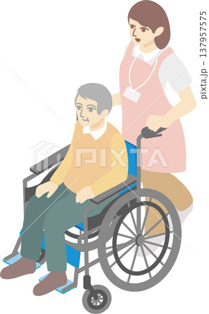 車椅子に乗る高齢男性と介護士のアイソメトリックイラスト 介護・福祉・医療のベクター素材 137957575