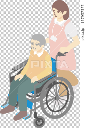 車椅子に乗る高齢男性と介護士のアイソメトリックイラスト 介護・福祉・医療のベクター素材 137957575