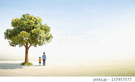 大きな木のそばに立つ父と子の後ろ姿 広大な草原と青空の風景 137957577