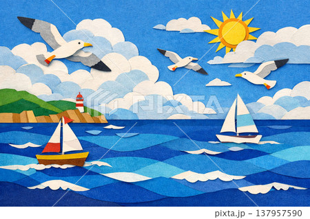 海 ヨット カモメ 貼り絵風 海 ヨット カモメ 貼り絵風 137957590