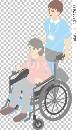 車椅子に乗るシニア女性と男性介護士のアイソメトリックイラスト 介護・福祉・医療のベクター素材 137957683