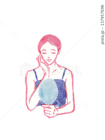 頬に手をあて、手鏡を見る女性 手描き水彩イラスト 頬に手をあて、手鏡を見る女性 手描き水彩イラスト 137957696