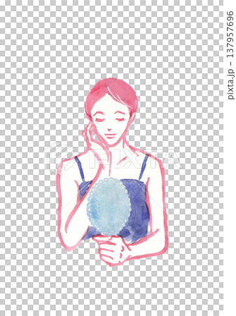 頬に手をあて、手鏡を見る女性 手描き水彩イラスト 頬に手をあて、手鏡を見る女性 手描き水彩イラスト 137957696