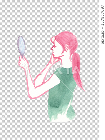 A hand-drawn watercolor illustration of a woman's profile as she holds her hand to her cheek and looks in a hand mirror. A hand-drawn watercolor illustration of a woman's profile as she holds her hand to her cheek and looks in a hand mirror. 137957697