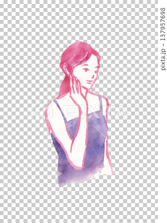 一幅手繪水彩插圖，描繪了一位女性的側臉，她用手輕撫臉頰。 137957698