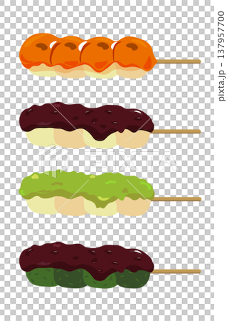 いろいろなおだんごのイラスト(みたらし、あんこ、ずんだ、ヨモギ) いろいろなおだんごのイラスト(みたらし、あんこ、ずんだ、ヨモギ) 137957700