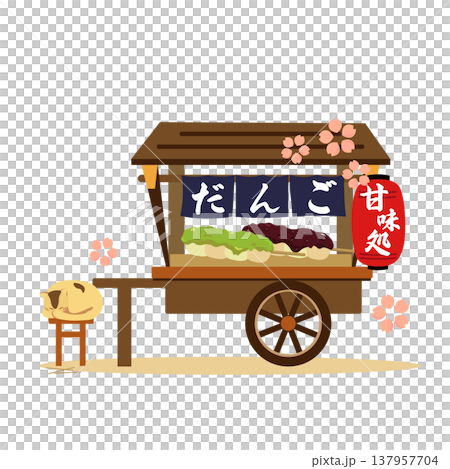 ねこも通う、春のお団子屋さんの屋台のイラスト 137957704