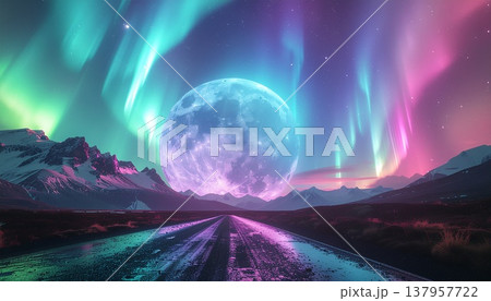 オーロラの空に浮かぶ巨大な満月と一直線の道 137957722