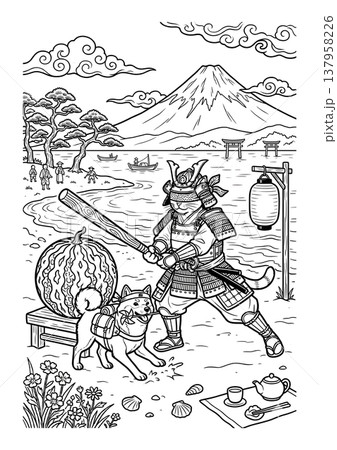 浮世絵風 侍猫と柴犬の塗り絵イラスト 線画素材 137958226