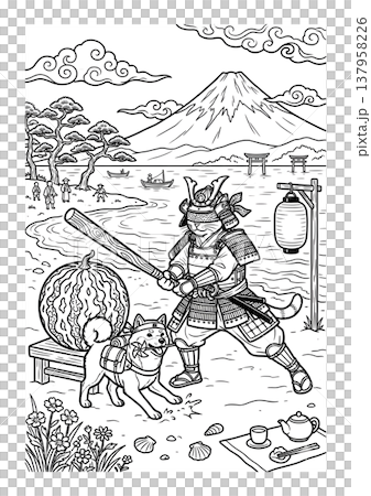 浮世絵風 侍猫と柴犬の塗り絵イラスト 線画素材 137958226