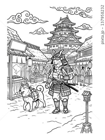 浮世絵風 侍猫と柴犬の塗り絵イラスト 線画素材 137958232