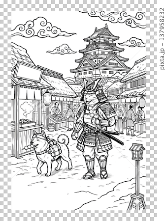 浮世絵風 侍猫と柴犬の塗り絵イラスト 線画素材 137958232