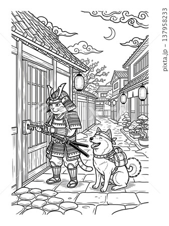浮世絵風 侍猫と柴犬の塗り絵イラスト 線画素材 137958233