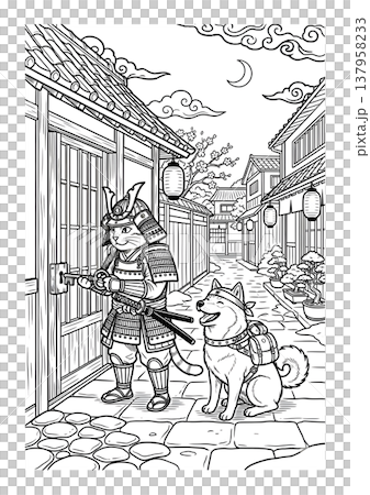 浮世絵風 侍猫と柴犬の塗り絵イラスト 線画素材 137958233
