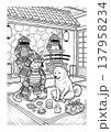 浮世絵風 侍猫と柴犬の塗り絵イラスト 線画素材 137958234