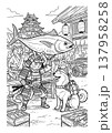浮世絵風 侍猫と柴犬の塗り絵イラスト 線画素材 137958258