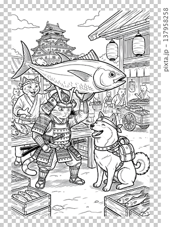 浮世繪風格的武士貓和柴犬的著色插圖（線稿材料） 137958258