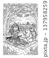 浮世絵風 侍猫と柴犬の塗り絵イラスト 線画素材 137958259