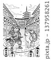 浮世絵風 侍猫と柴犬の塗り絵イラスト 線画素材 137958261