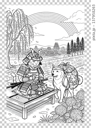 浮世絵風 侍猫と柴犬の塗り絵イラスト 線画素材 137958263